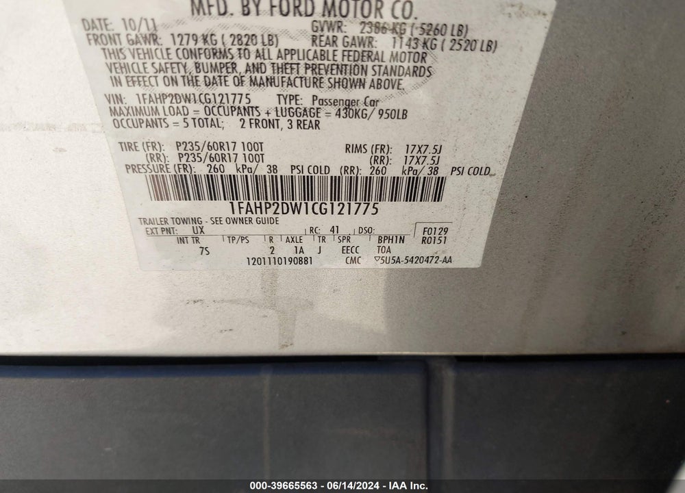 2012 FORD TAURUS SE VIN: 1FAHP2DW1CG121775