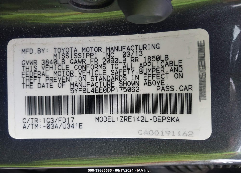 2013 TOYOTA COROLLA S VIN: 5YFBU4EE0DP175062