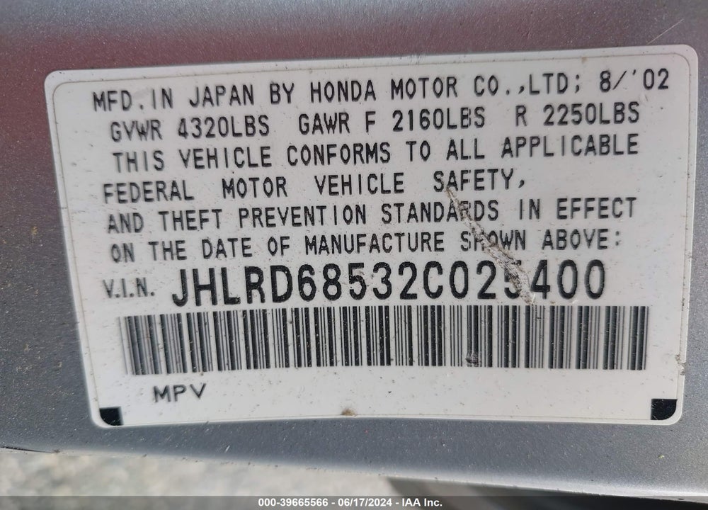 2002 HONDA CR-V LX VIN: JHLRD68532C025400