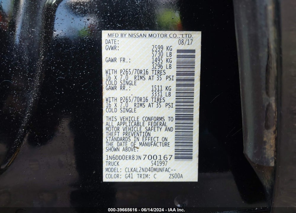 2018 NISSAN FRONTIER SV VIN: 1N6DD0ER8JN700167