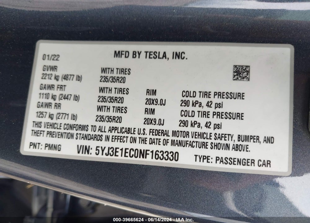 2022 TESLA MODEL 3 PERFORMANCE DUAL MOTOR ALL-WHEEL DRIVE VIN: 5YJ3E1EC0NF163330