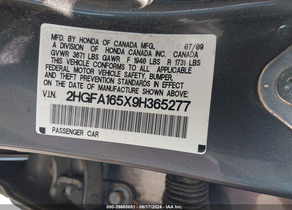 2009 HONDA CIVIC LX VIN: 2HGFA165X9H365277