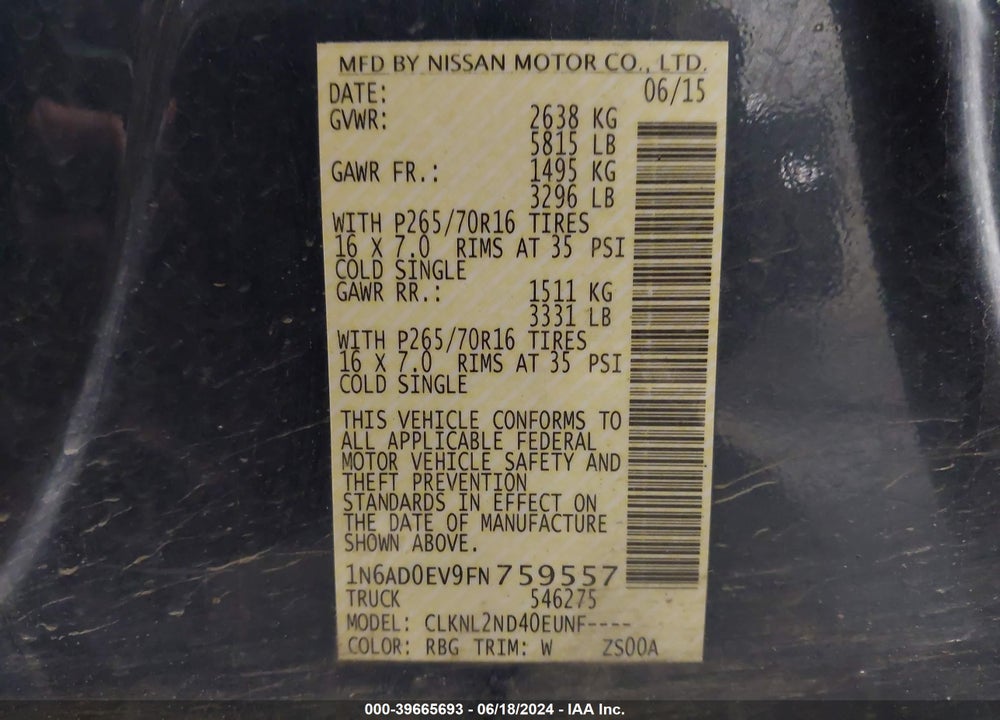 2015 NISSAN FRONTIER SV VIN: 1N6AD0EV9FN759557