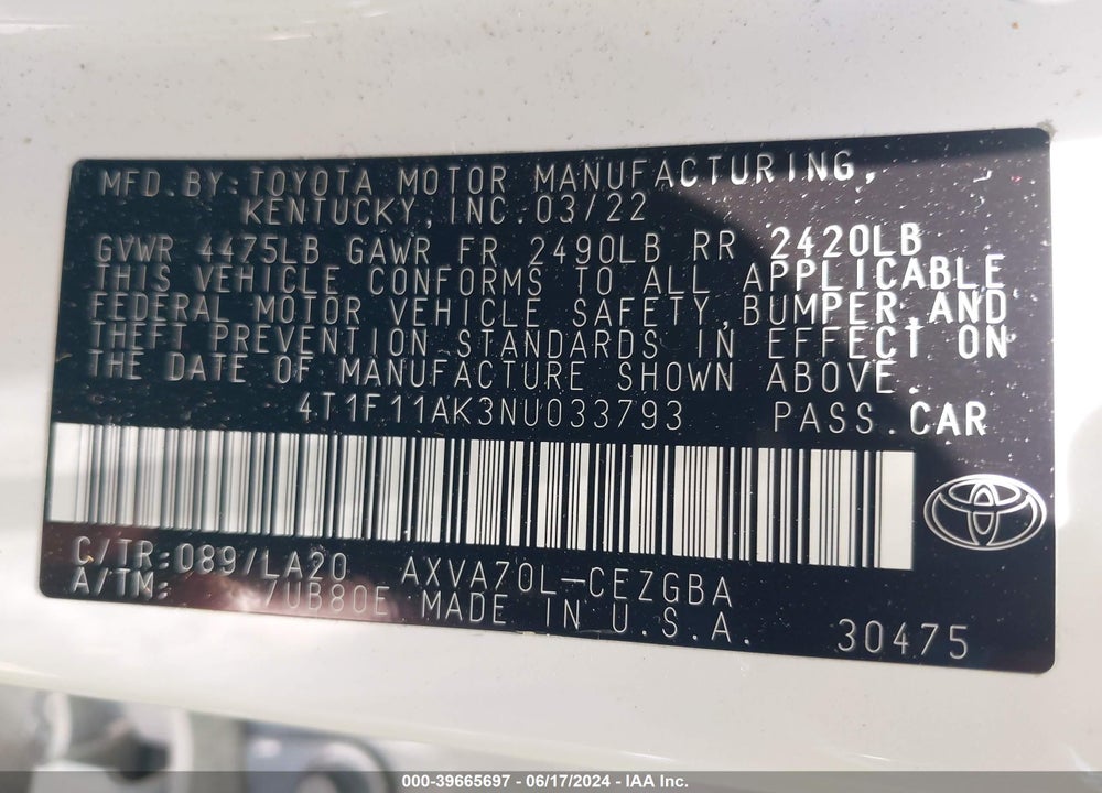 2022 TOYOTA CAMRY XLE VIN: 4T1F11AK3NU033793