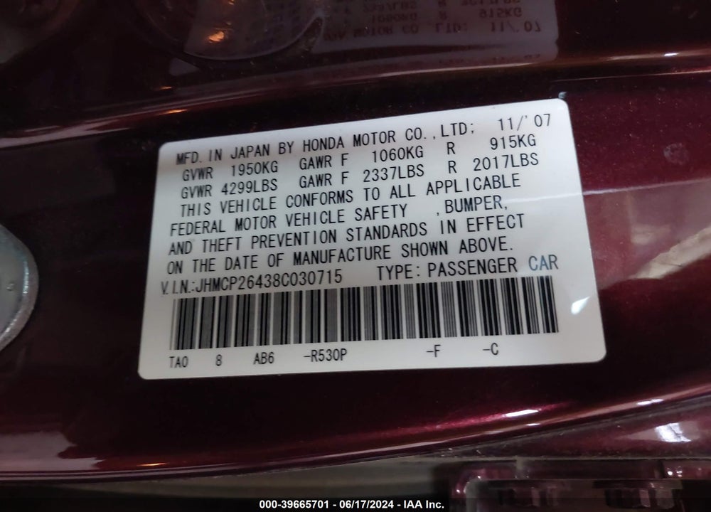 2008 HONDA ACCORD 2.4 LX-P VIN: JHMCP26438C030715