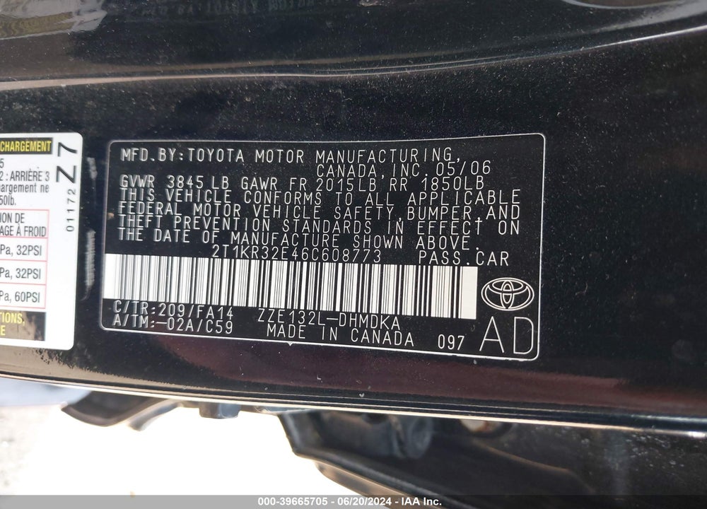 2006 TOYOTA MATRIX VIN: 2T1KR32E46C608773
