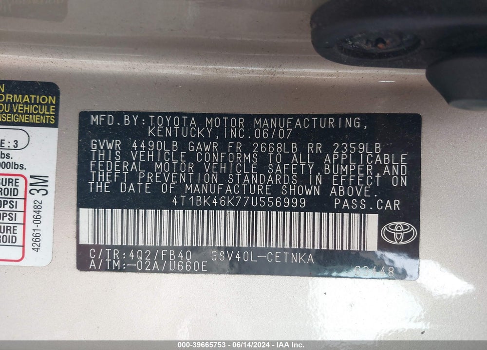 2007 TOYOTA CAMRY LE V6 VIN: 4T1BK46K77U556999