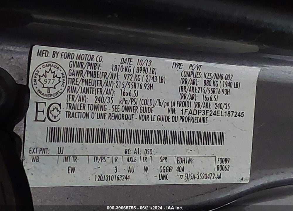 2014 FORD FOCUS SE VIN: 1FADP3F24EL187245