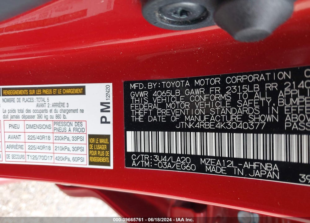 2019 TOYOTA COROLLA VIN: JTNK4RBE4K3040377