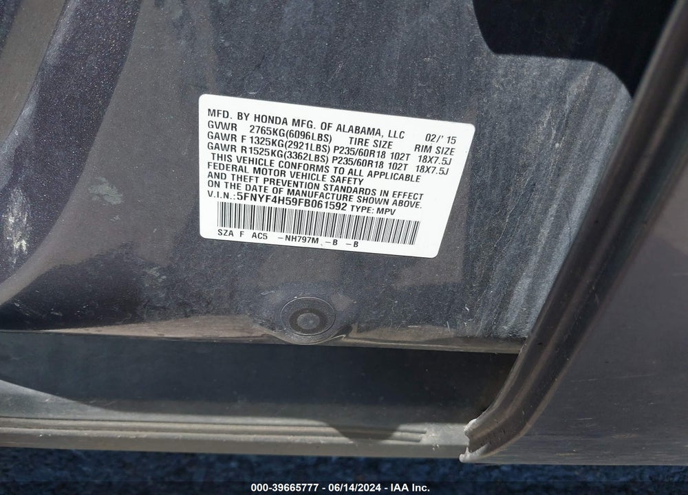 2015 HONDA PILOT EX-L VIN: 5FNYF4H59FB061592