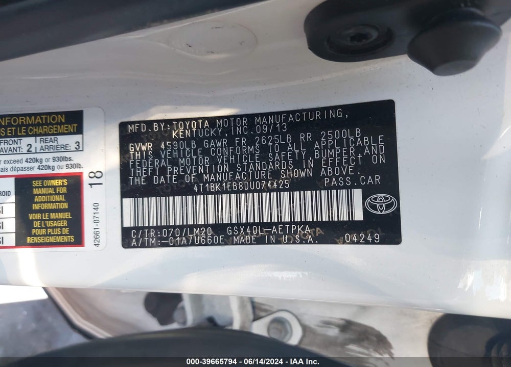 2013 TOYOTA AVALON LIMITED VIN: 4T1BK1EB8DU074425
