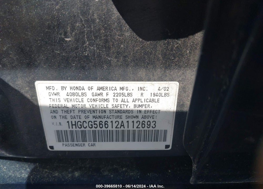 2002 HONDA ACCORD SDN EX/EX W/LEATHER VIN: 1HGCG56612A112693