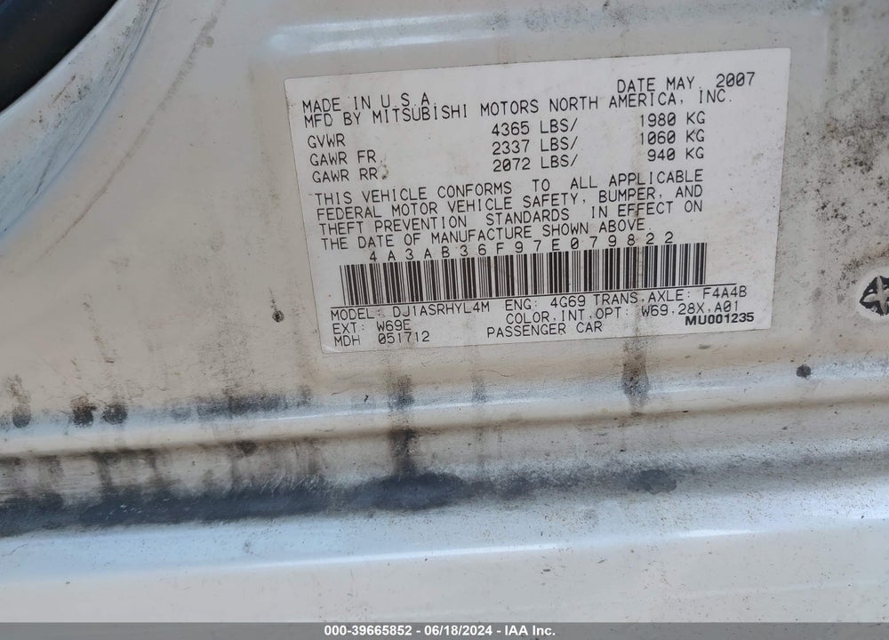 2007 MITSUBISHI GALANT ES/SE VIN: 4A3AB36F97E079822