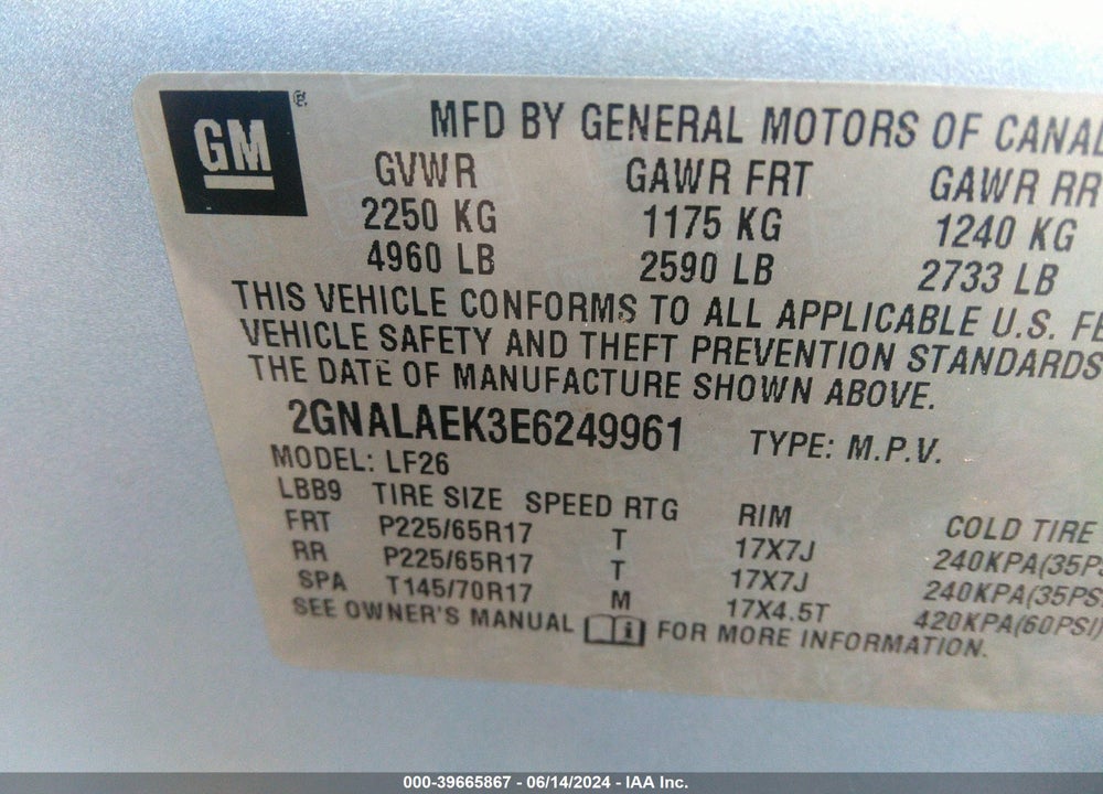 2014 CHEVROLET EQUINOX LS VIN: 2GNALAEK3E6249961