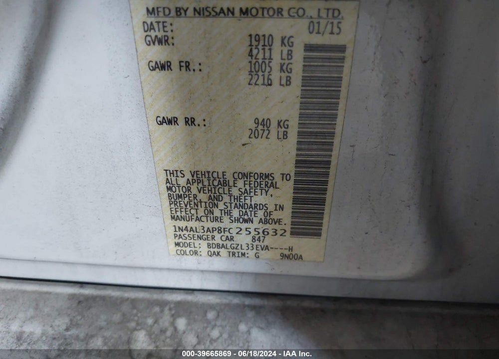 2015 NISSAN ALTIMA 2.5 S VIN: 1N4AL3AP8FC255632