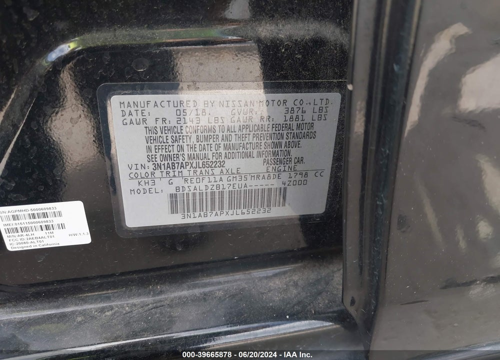 2018 NISSAN SENTRA SV VIN: 3N1AB7APXJL652232