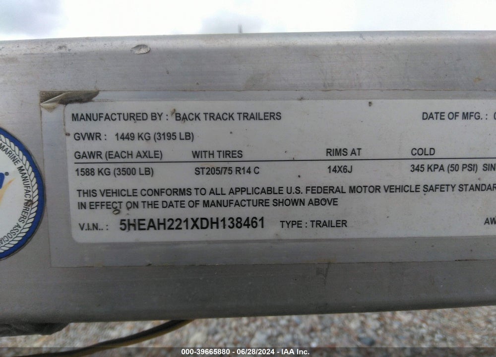 2013 BACK TRACKER TRAILER 24FT VIN: 5HEAH221XDH38461