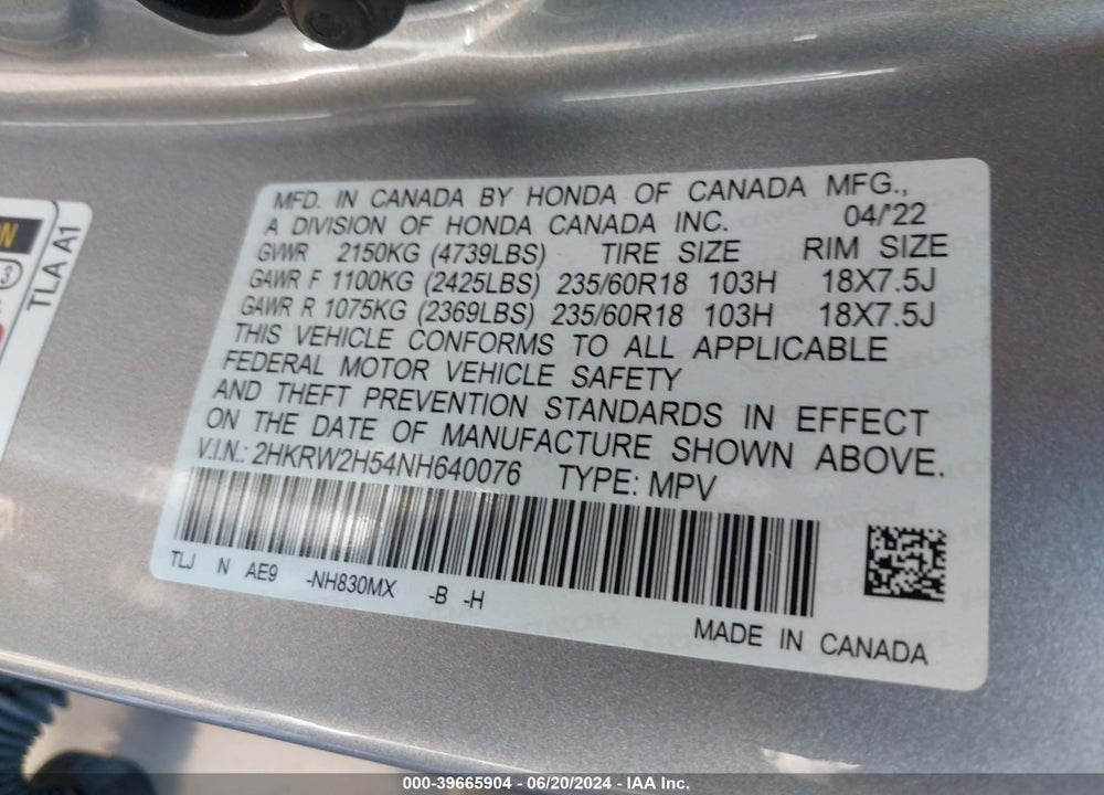 2022 HONDA CR-V AWD EX VIN: 2HKRW2H54NH640076
