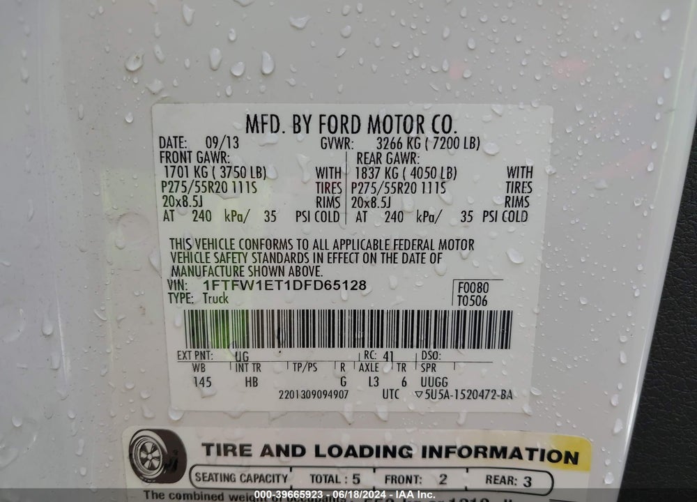 2013 FORD F-150 VIN: 1FTFW1ET1DFD65128