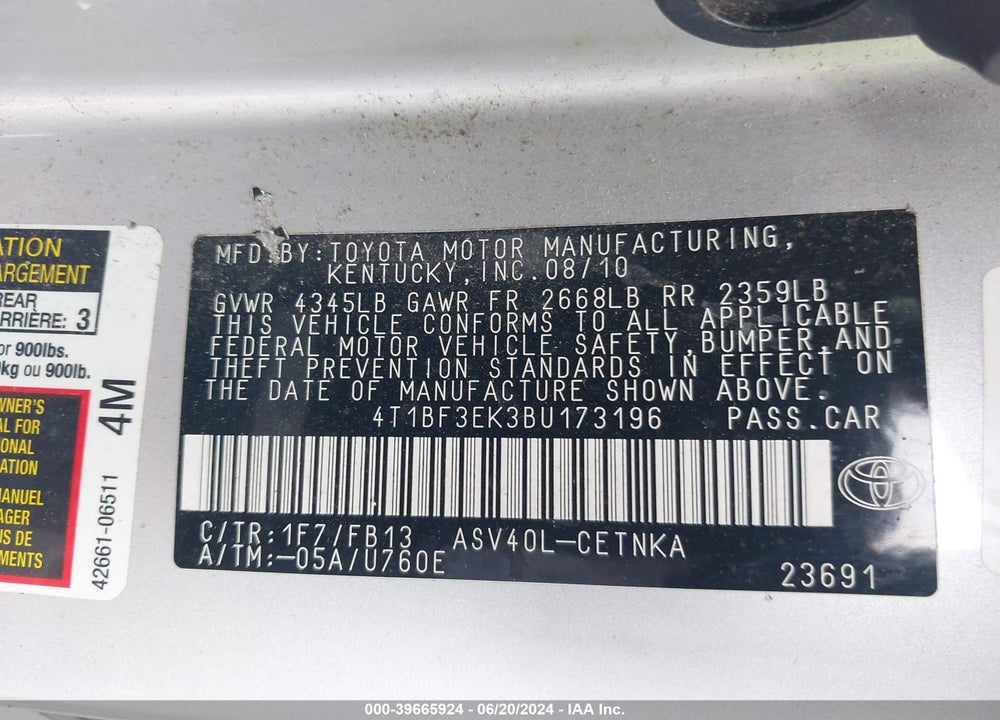 2011 TOYOTA CAMRY LE VIN: 4T1BF3EK3BU173196