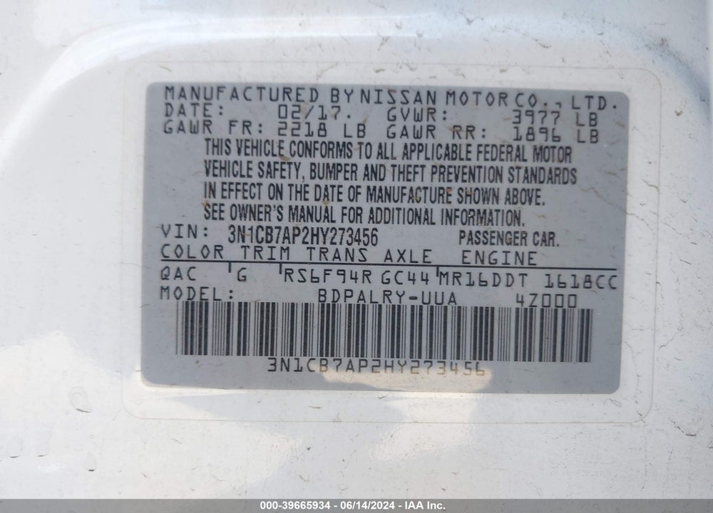 2017 NISSAN SENTRA VIN: 3N1CB7AP2HY273456