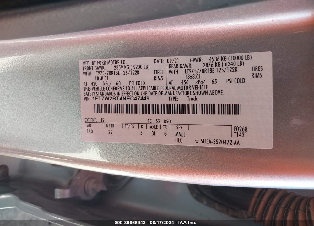 2022 FORD F-250 XLT VIN: 1FT7W2BT4NEC47449