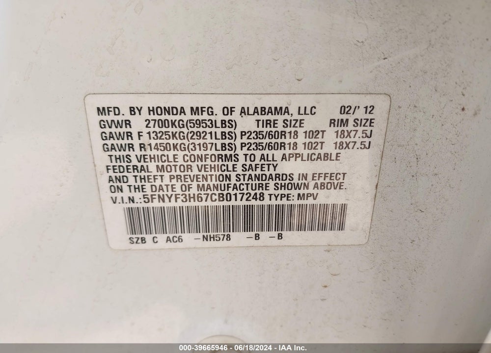 2012 HONDA PILOT EX-L VIN: 5FNYF3H67CB017248
