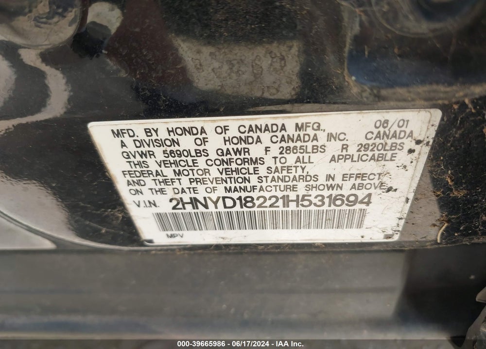 2001 ACURA MDX VIN: 2HNYD18221H531694