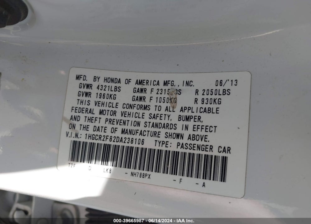 2013 HONDA ACCORD EX-L VIN: 1HGCR2F82DA238106