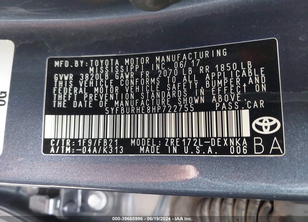 2017 TOYOTA COROLLA LE VIN: 5YFBURHE8HP722755
