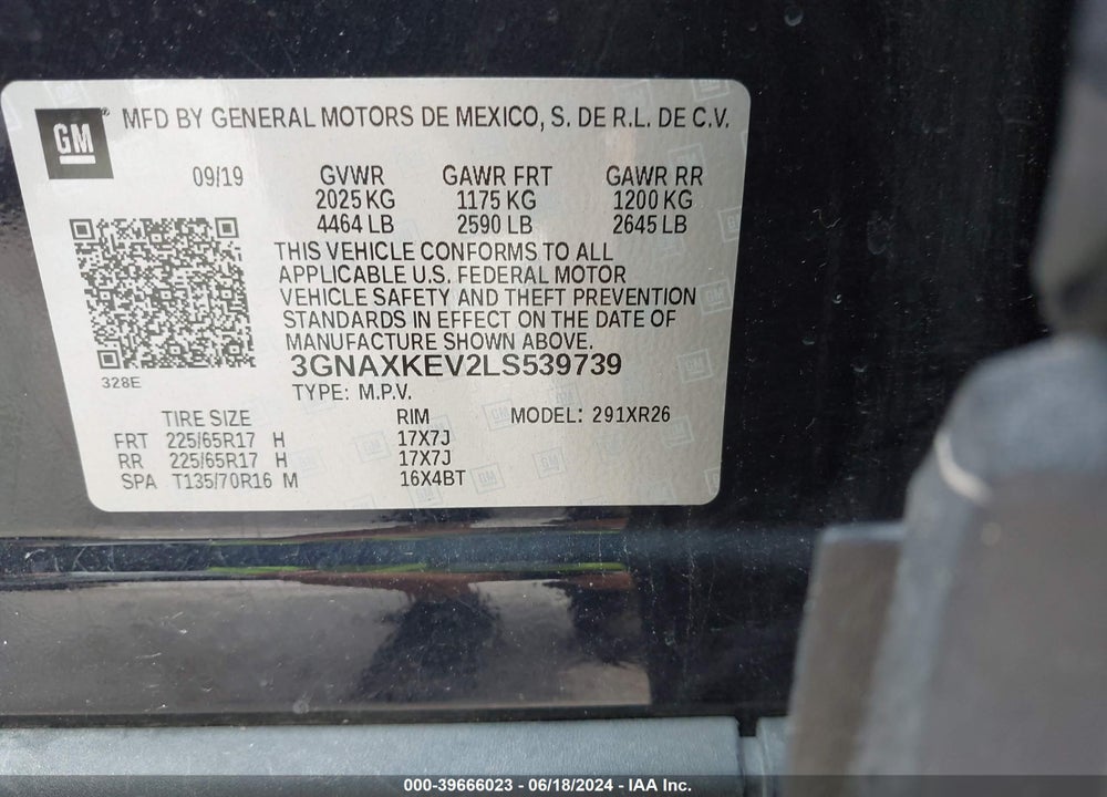 2020 CHEVROLET EQUINOX FWD LT 1.5L TURBO VIN: 3GNAXKEV2LS539739