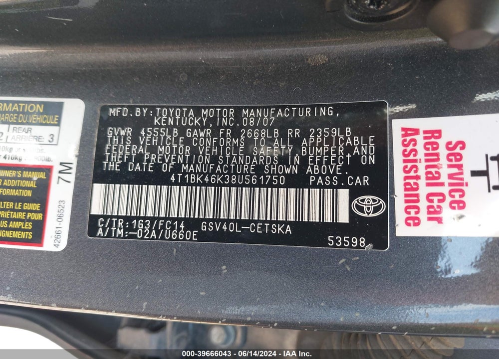2008 TOYOTA CAMRY SE V6 VIN: 4T1BK46K38U561750
