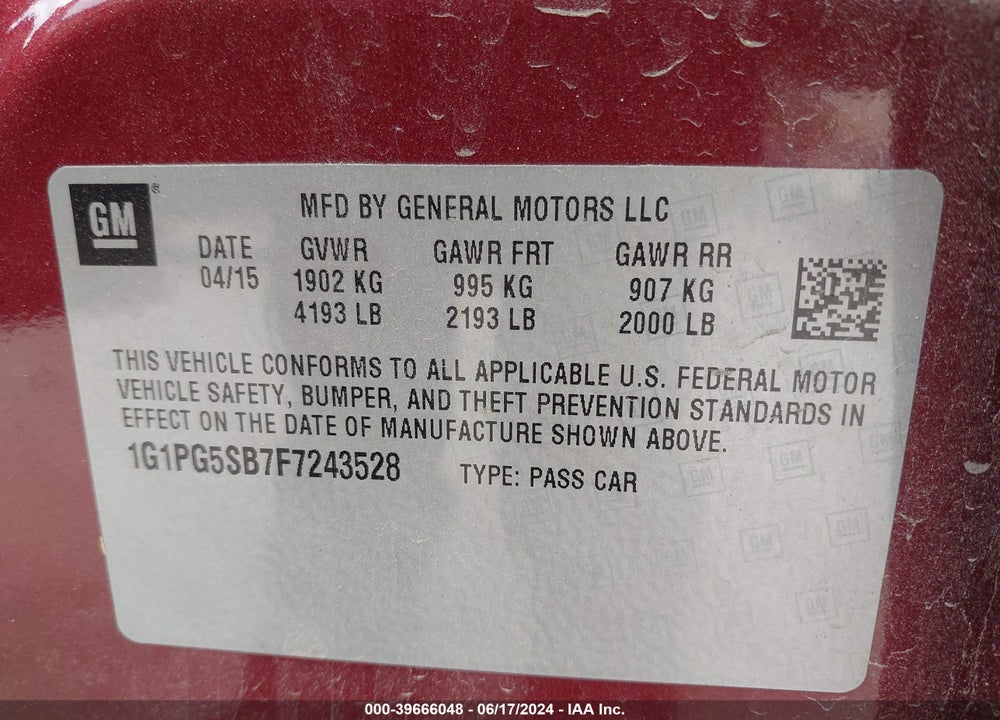 2015 CHEVROLET CRUZE LTZ VIN: 1G1PG5SB7F7243528