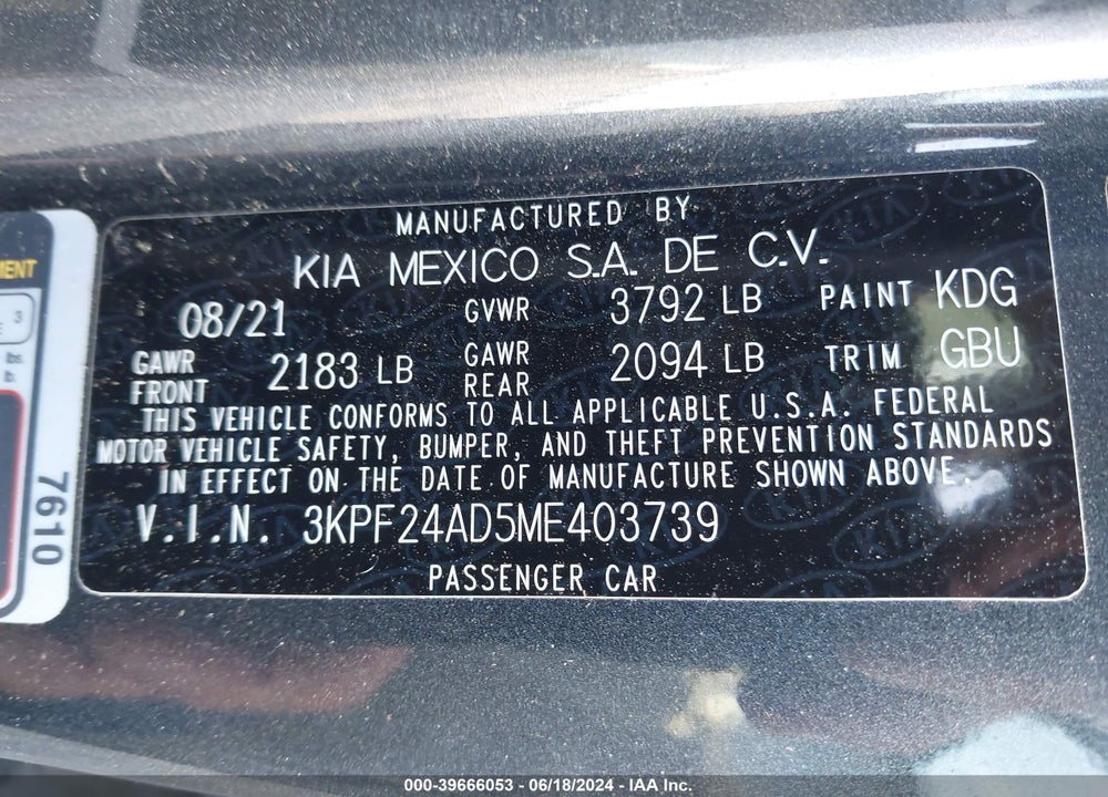 2021 KIA FORTE LXS VIN: 3KPF24AD5ME403739