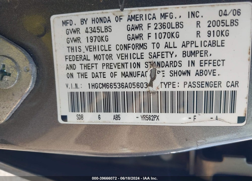 2006 HONDA ACCORD 3.0 EX VIN: 1HGCM66536A056039