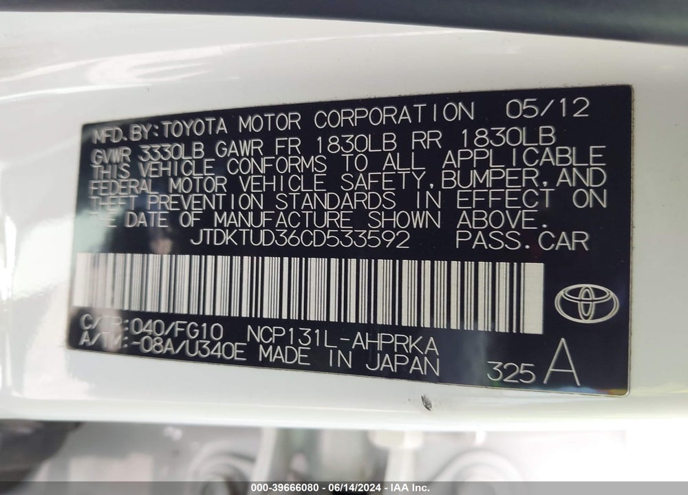 2012 TOYOTA YARIS L VIN: JTDKTUD36CD533592