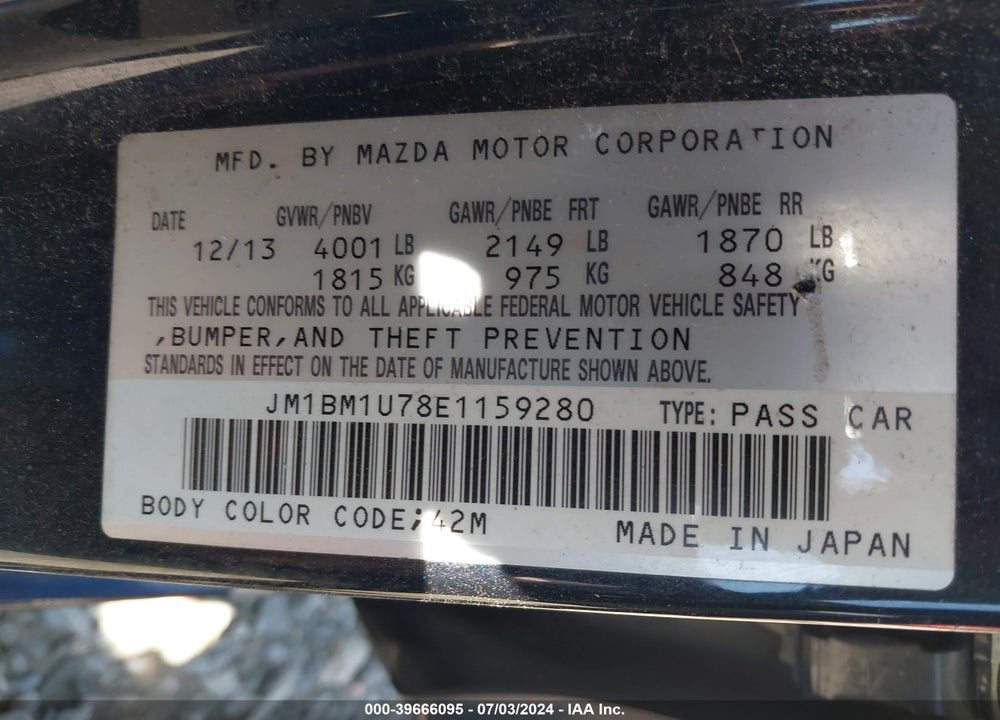 2014 MAZDA 3 I SPORT VIN: JM1BM1U78E1159280