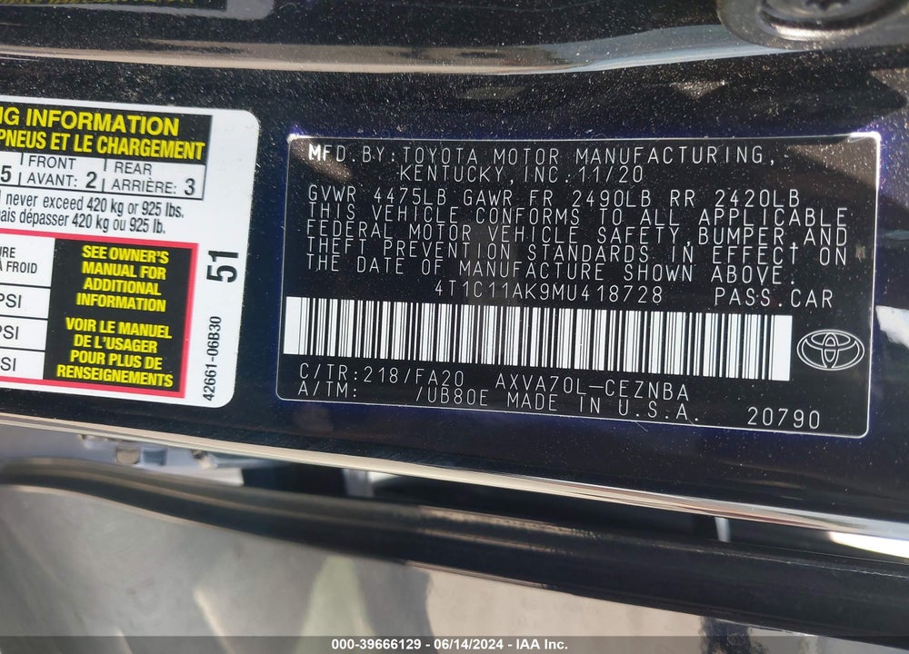 2021 TOYOTA CAMRY LE VIN: 4T1C11AK9MU418728