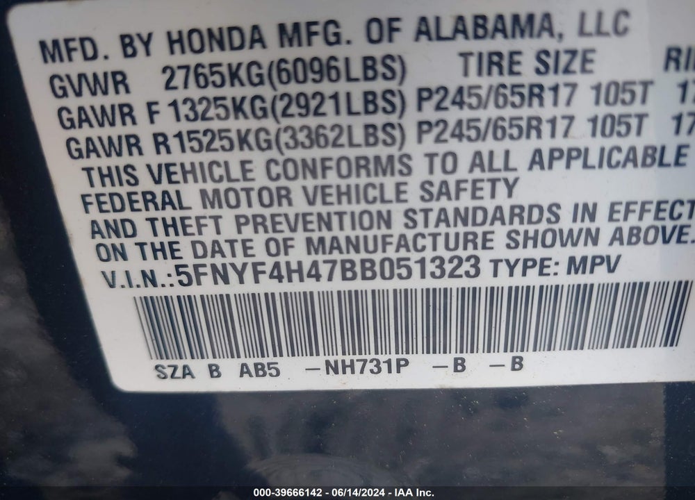 2011 HONDA PILOT EX VIN: 5FNYF4H47BB051323