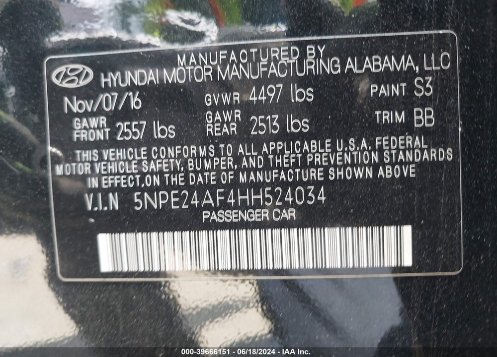 2017 HYUNDAI SONATA SE VIN: 5NPE24AF4HH524034