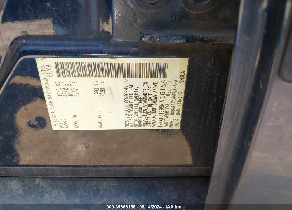 2009 NISSAN ALTIMA 2.5 S VIN: 1N4AL21E99N516154