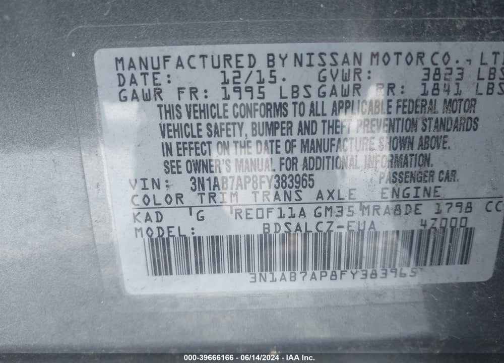 2015 NISSAN SENTRA S VIN: 3N1AB7AP8FY383965