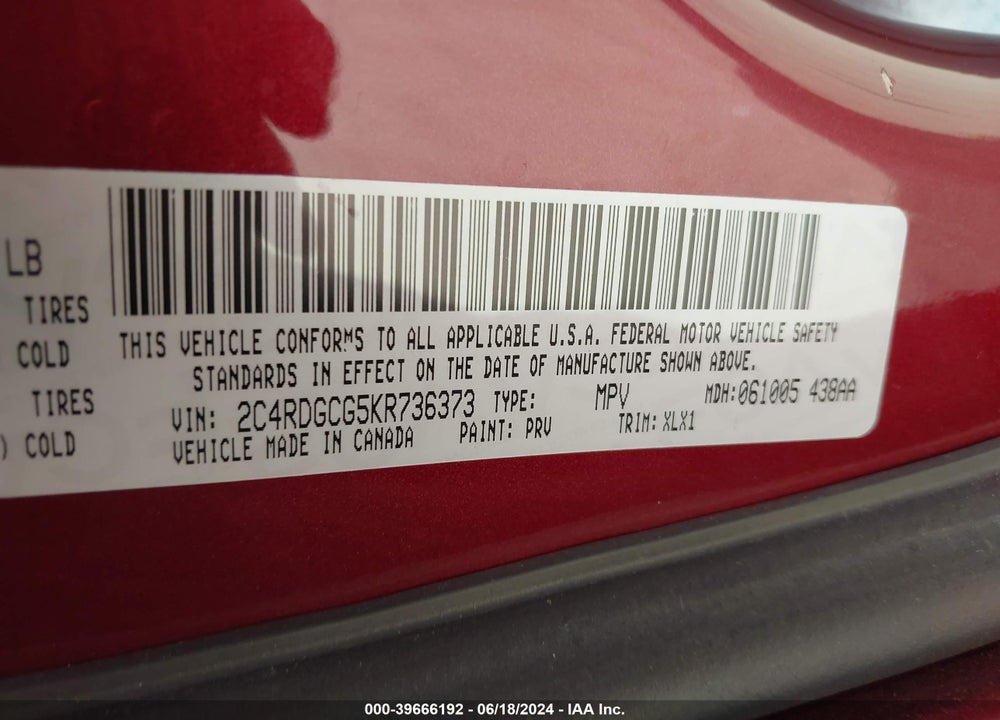 2019 DODGE GRAND CARAVAN SXT VIN: 2C4RDGCG5KR736373