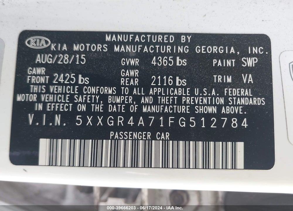 2015 KIA OPTIMA SX VIN: 5XXGR4A71FG512784