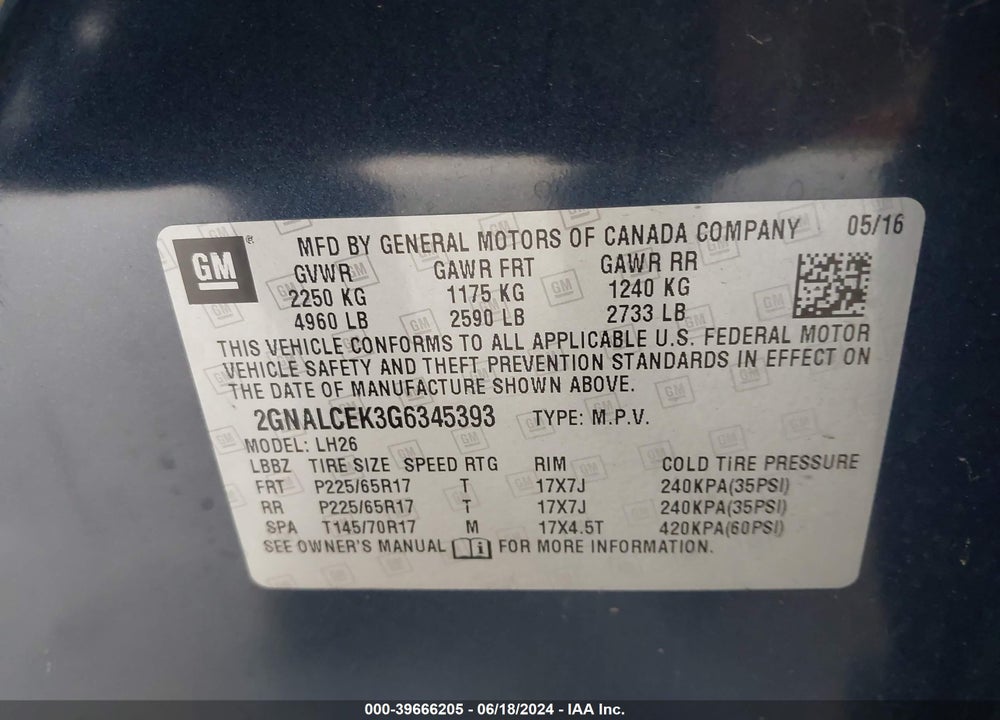 2016 CHEVROLET EQUINOX LT VIN: 2GNALCEK3G6345393
