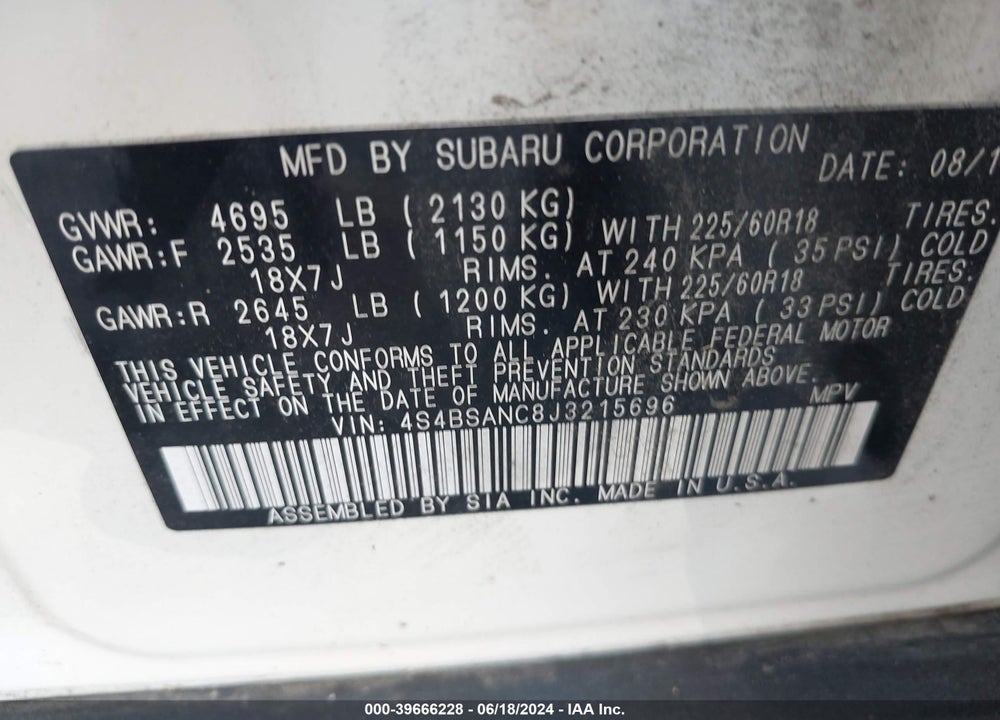 2018 SUBARU OUTBACK 2.5I LIMITED VIN: 4S4BSANC8J3215696