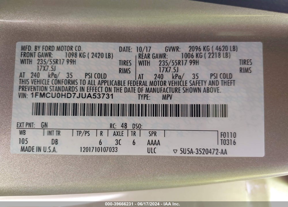 2018 FORD ESCAPE SEL VIN: 1FMCU0HD7JUA53731