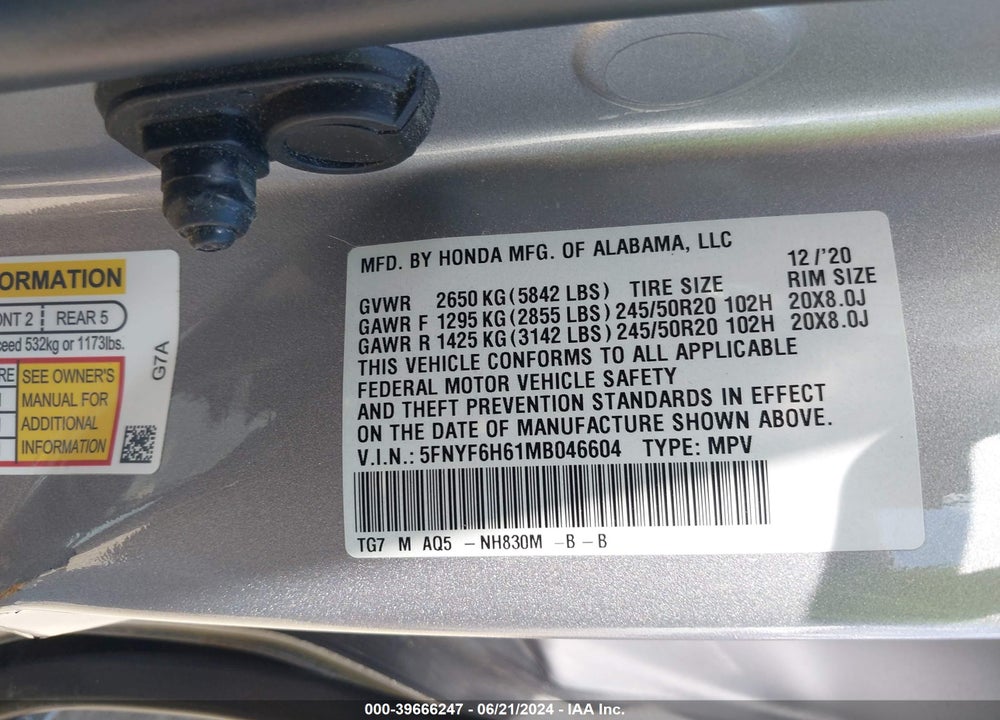 2021 HONDA PILOT AWD TOURING 7 PASSENGER VIN: 5FNYF6H61MB046604