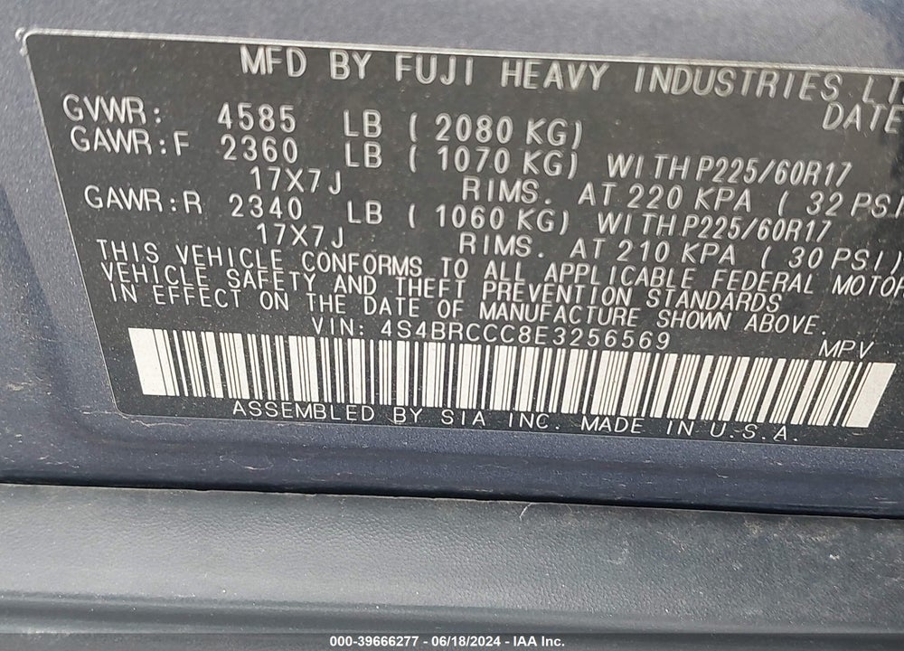 2014 SUBARU OUTBACK 2.5I PREMIUM VIN: 4S4BRCCC8E3256569