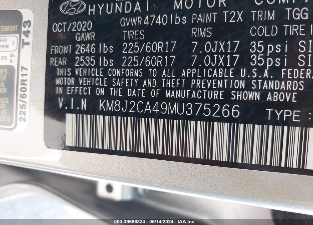 2021 HYUNDAI TUCSON SE VIN: KM8J2CA49MU375266